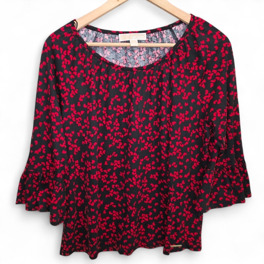 Michael Kors Top Womens Medium Black Red Heart Print Peasant Blouse Bell Sleeve